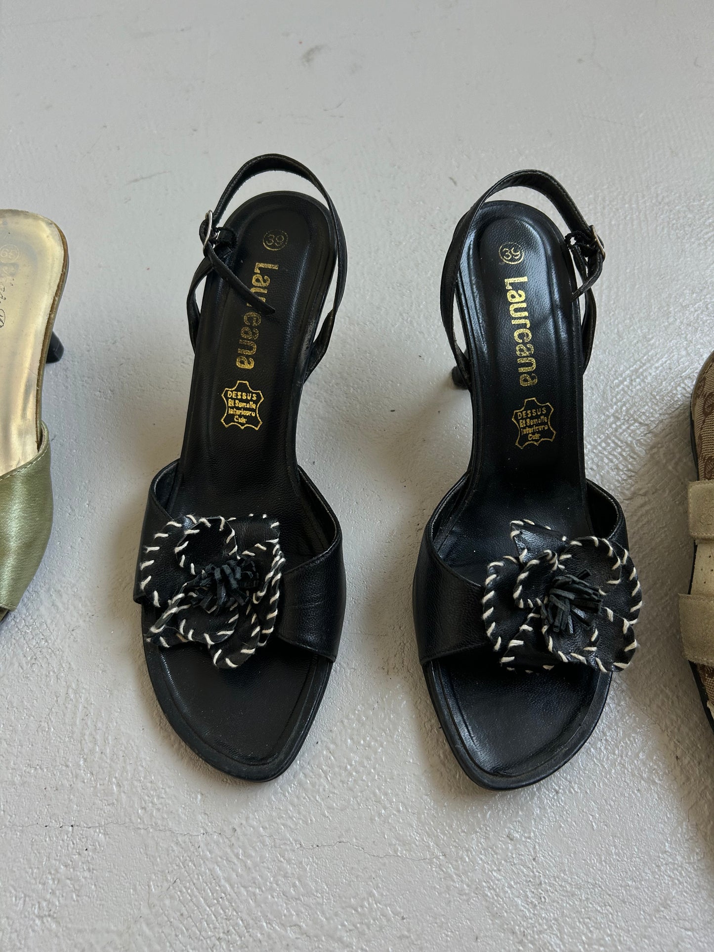 Black Leather Heels with Flower Detail