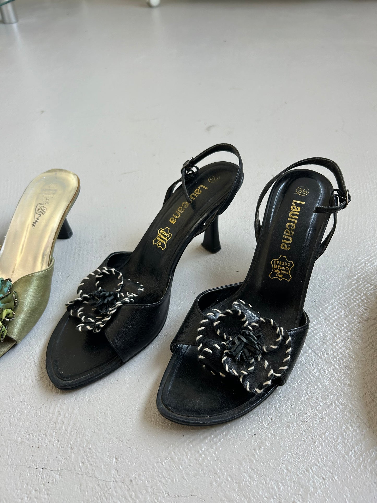 Black Leather Heels with Flower Detail