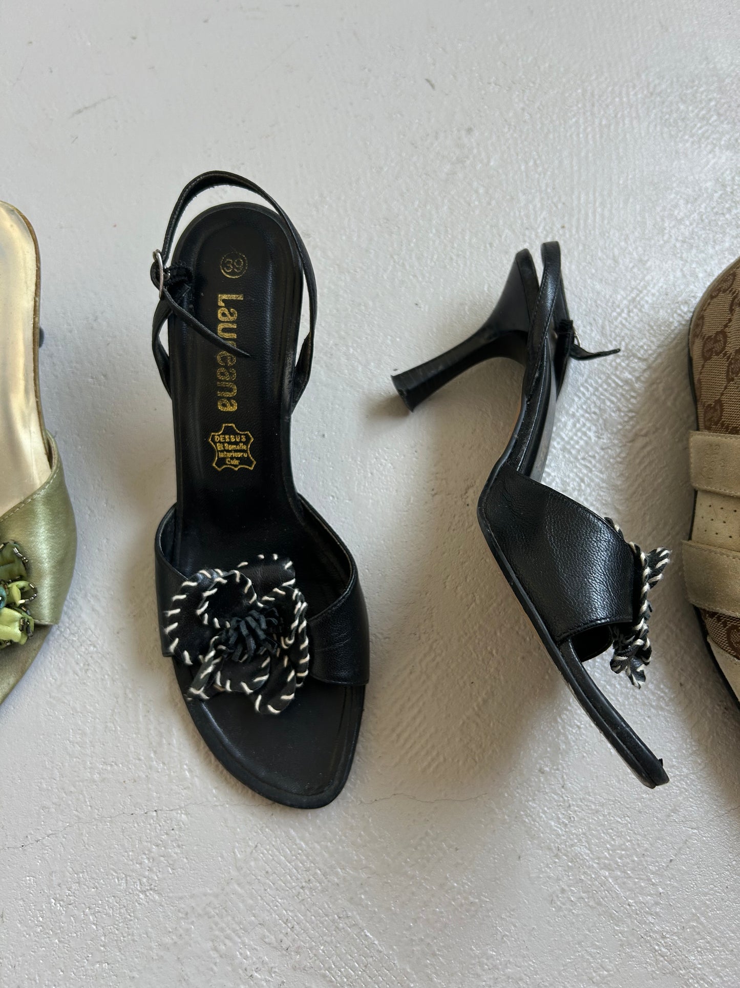 Black Leather Heels with Flower Detail
