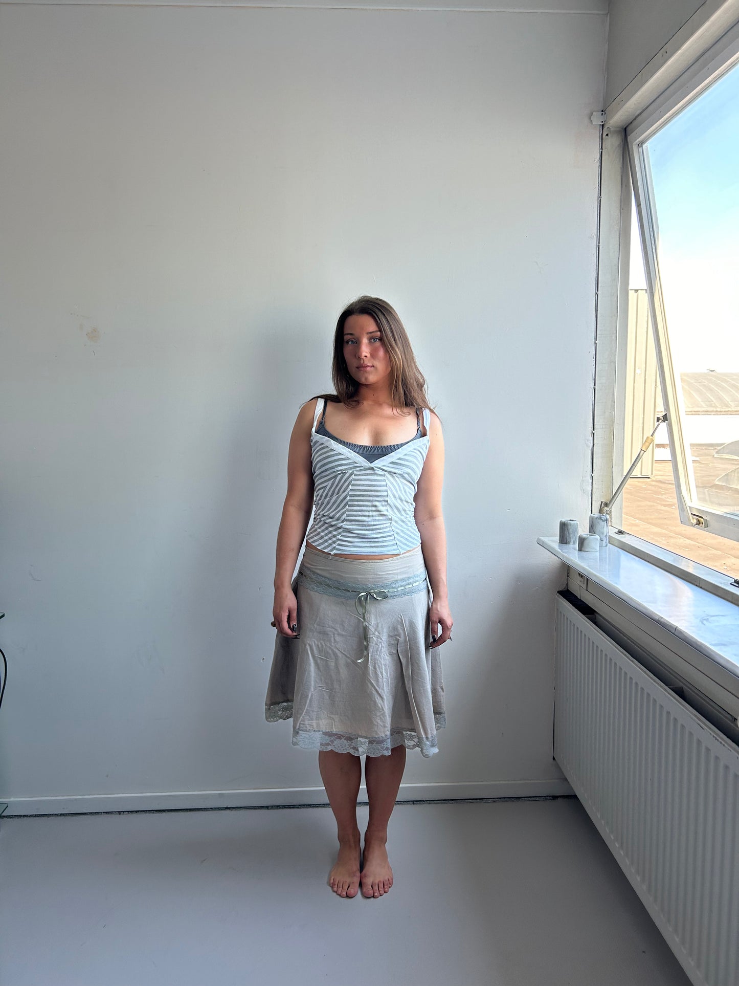 Khaki A-Line Skirt with Lace Trim