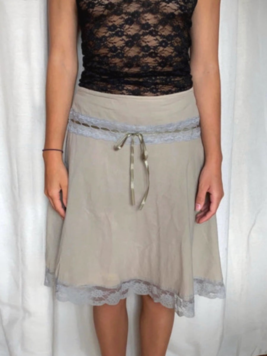 Khaki A-Line Skirt with Lace Trim