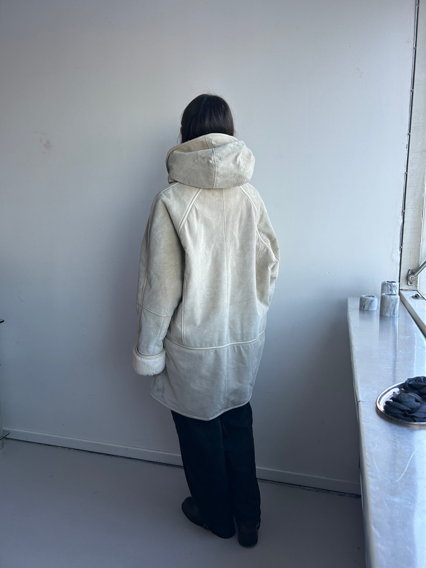 Long Suede Leather Coat with Hood and Fur Lining