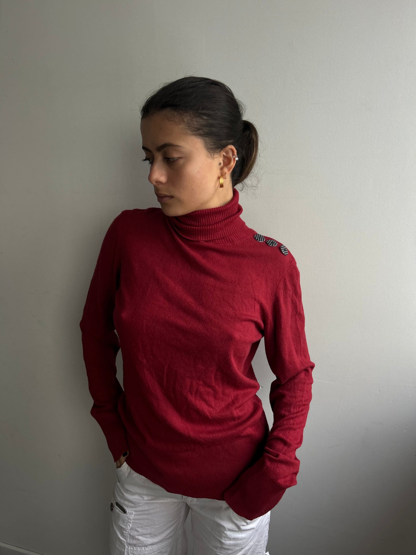 Red Turtleneck with Polka Dot Button Detail