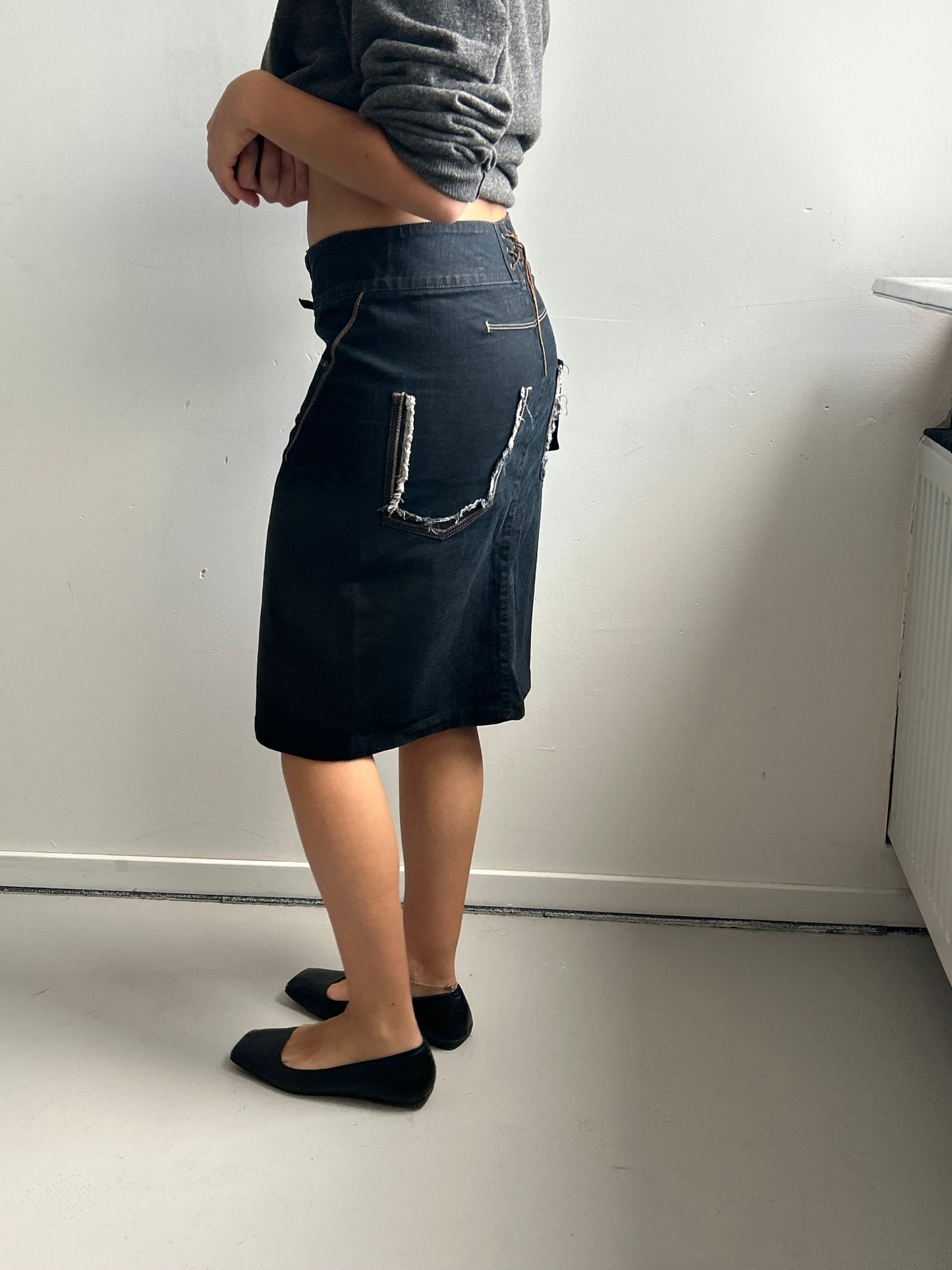 Dark Jeans Midi Skirt with Back Details