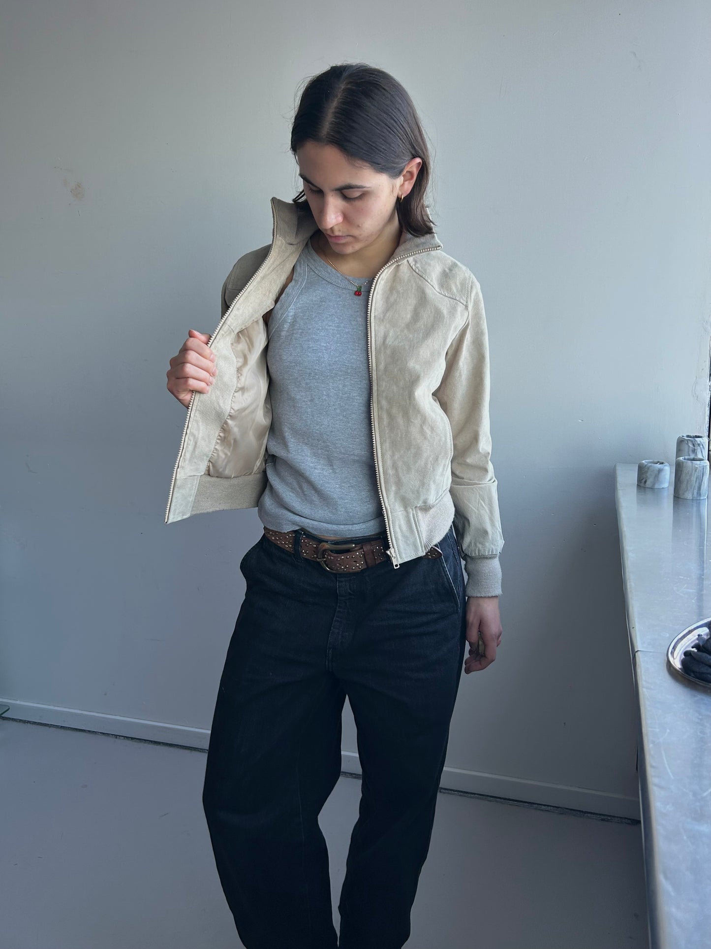 Beige Suede Leather Zipper