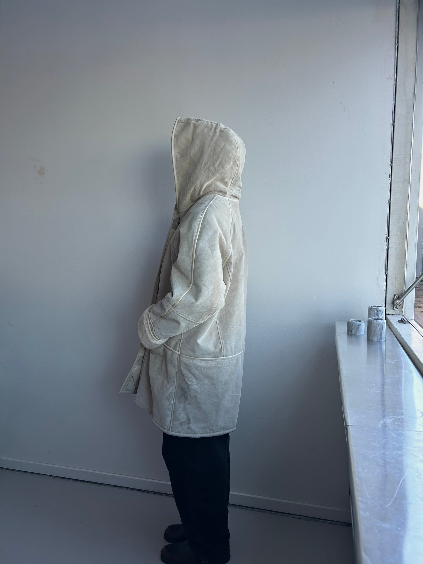 Long Suede Leather Coat with Hood and Fur Lining