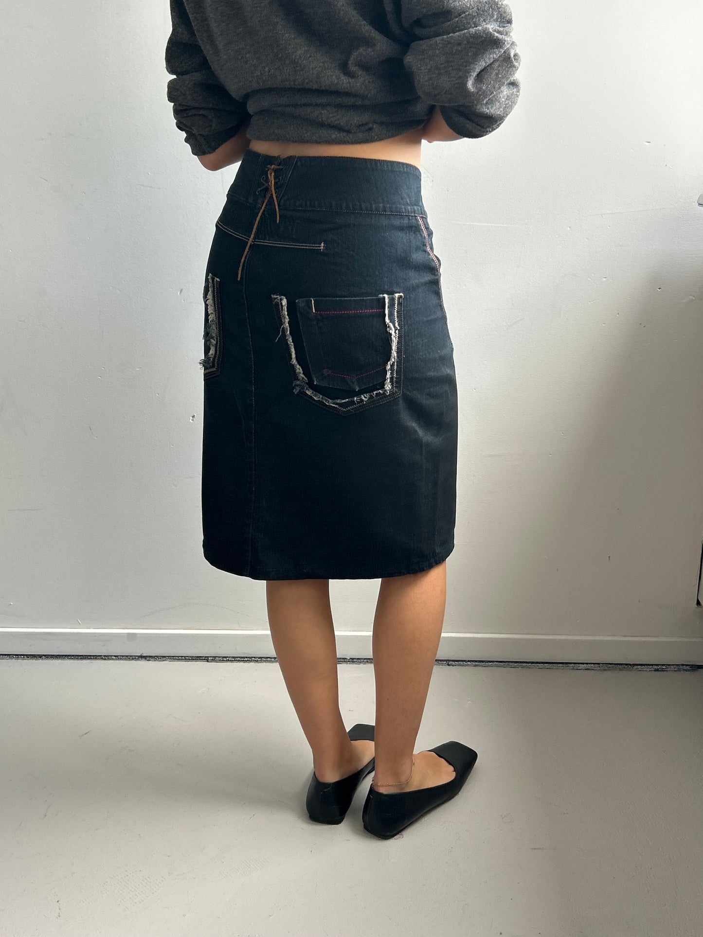Dark Jeans Midi Skirt with Back Details