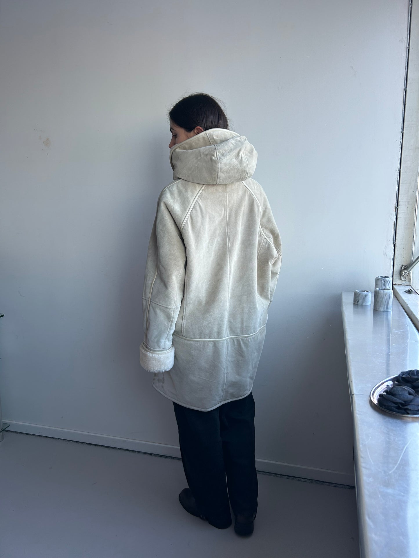 Long Suede Leather Coat with Hood and Fur Lining