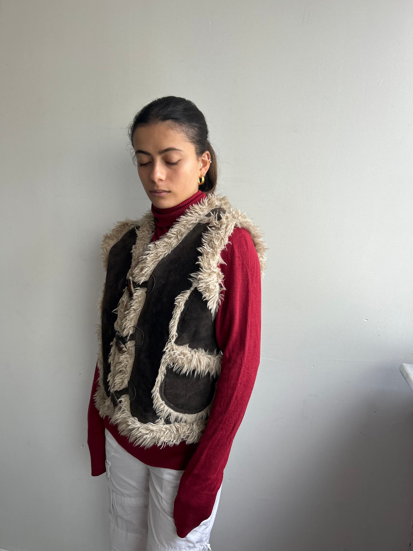 Red Turtleneck with Polka Dot Button Detail