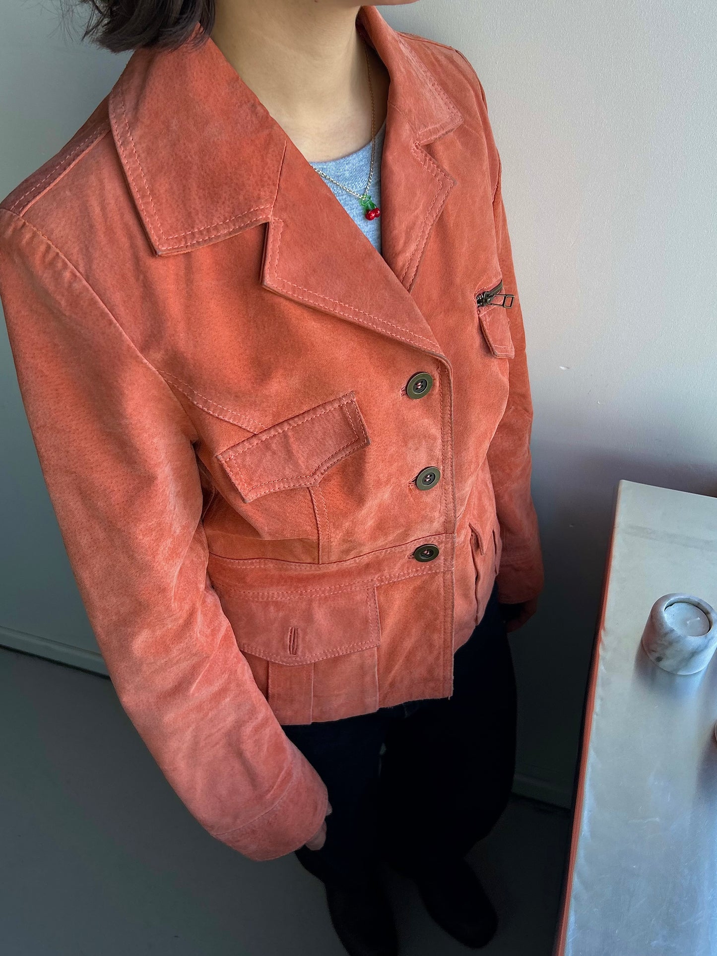 Pastel-Orange Genuine Leather Jacket