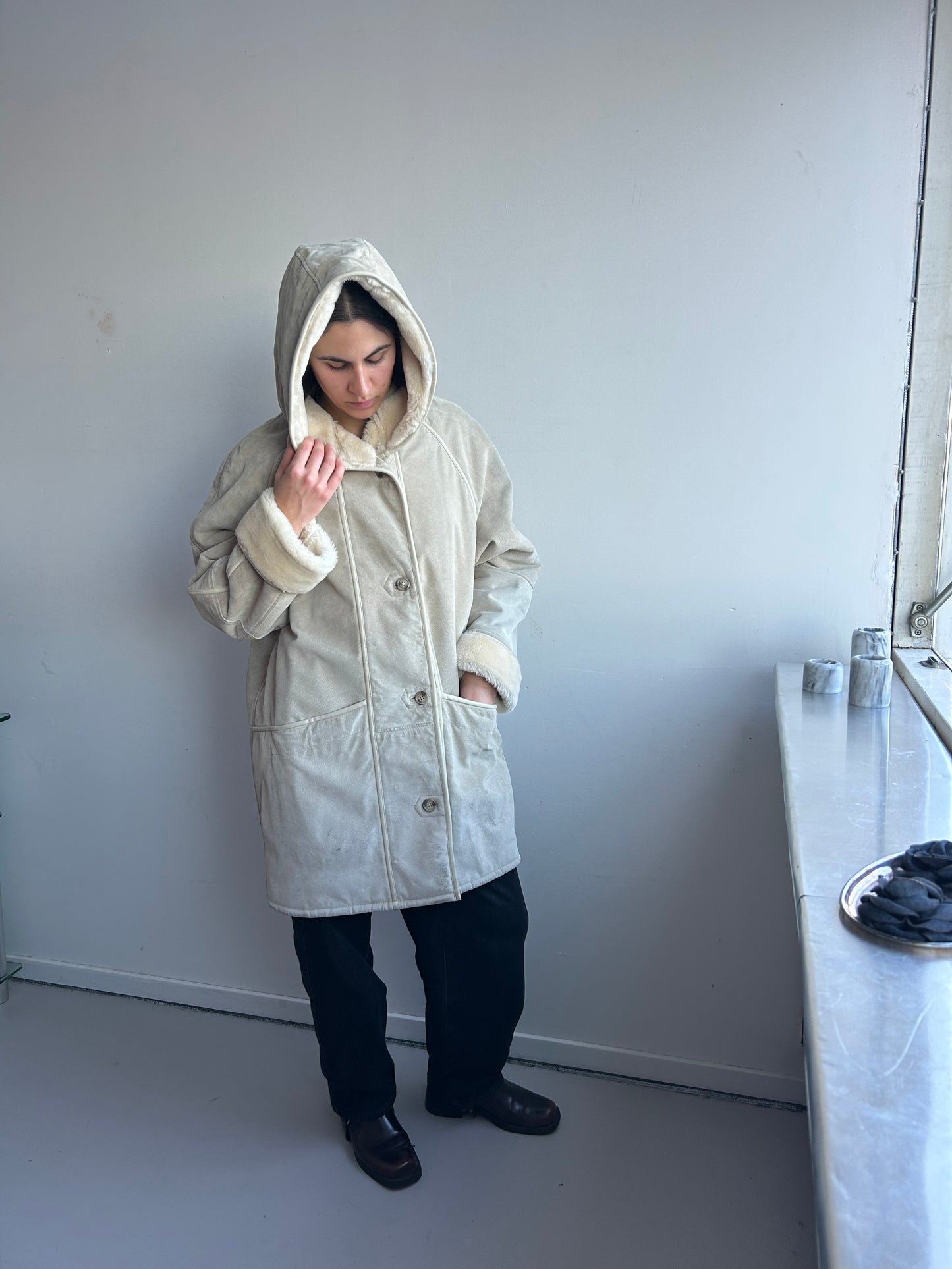 Long Suede Leather Coat with Hood and Fur Lining