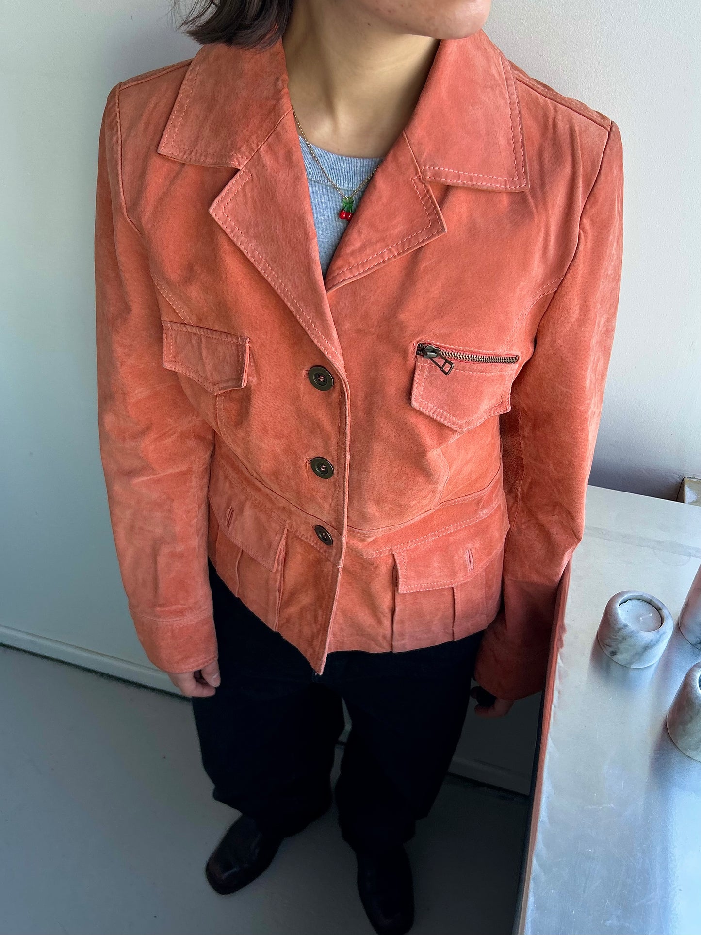 Pastel-Orange Genuine Leather Jacket