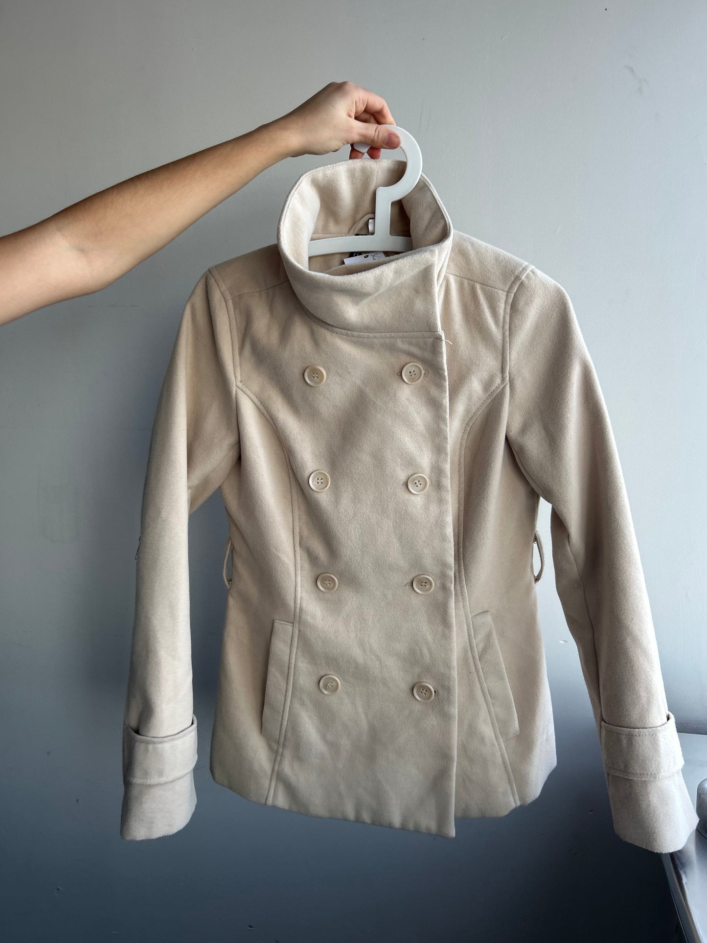 Beige Funnel Neck Wool Blend Jacket