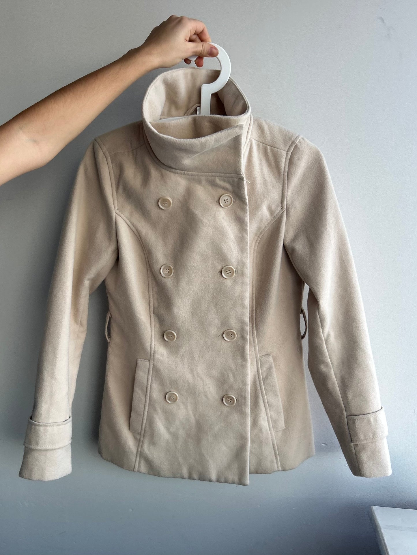 Beige Funnel Neck Wool Blend Jacket