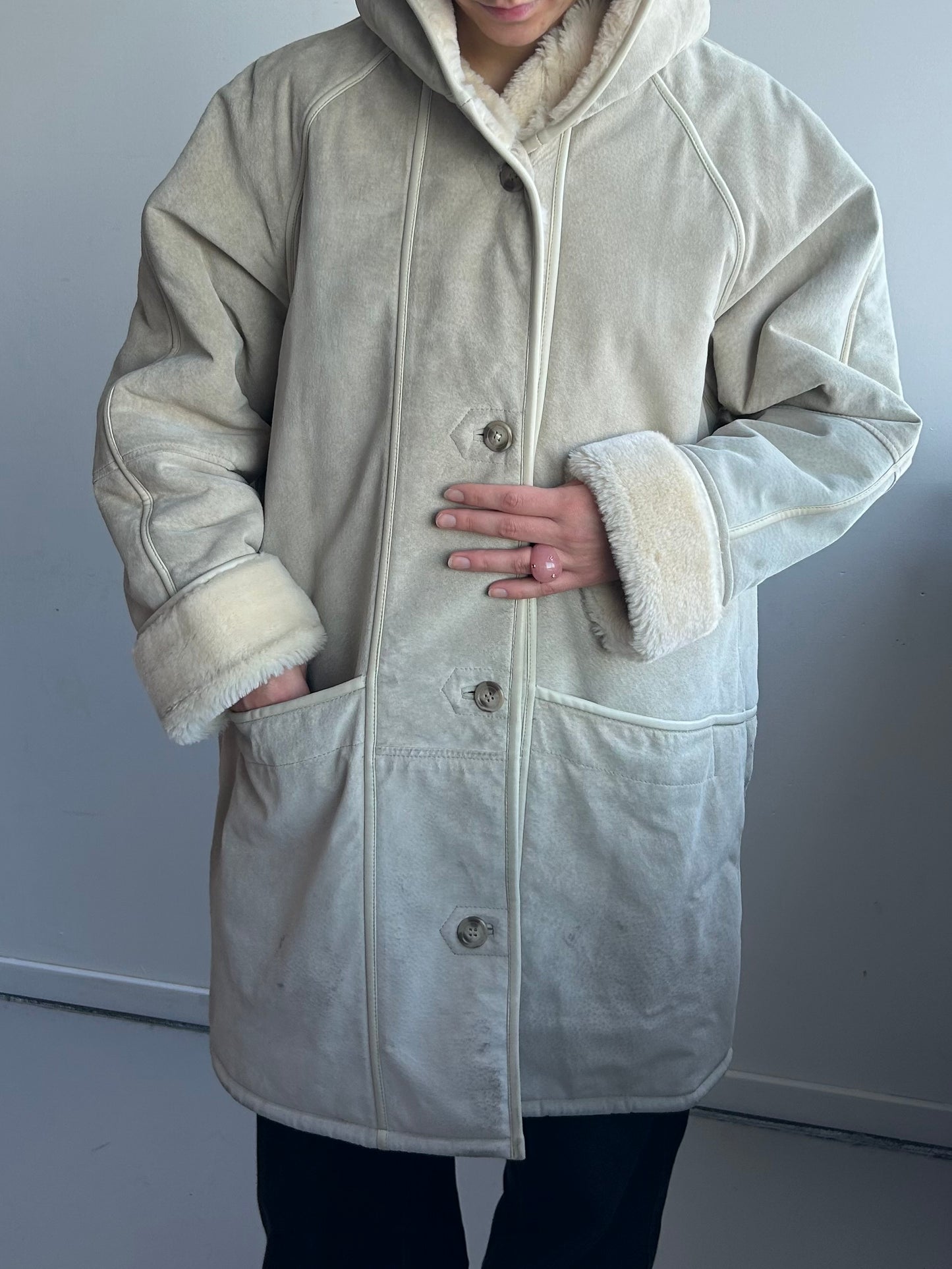 Long Suede Leather Coat with Hood and Fur Lining