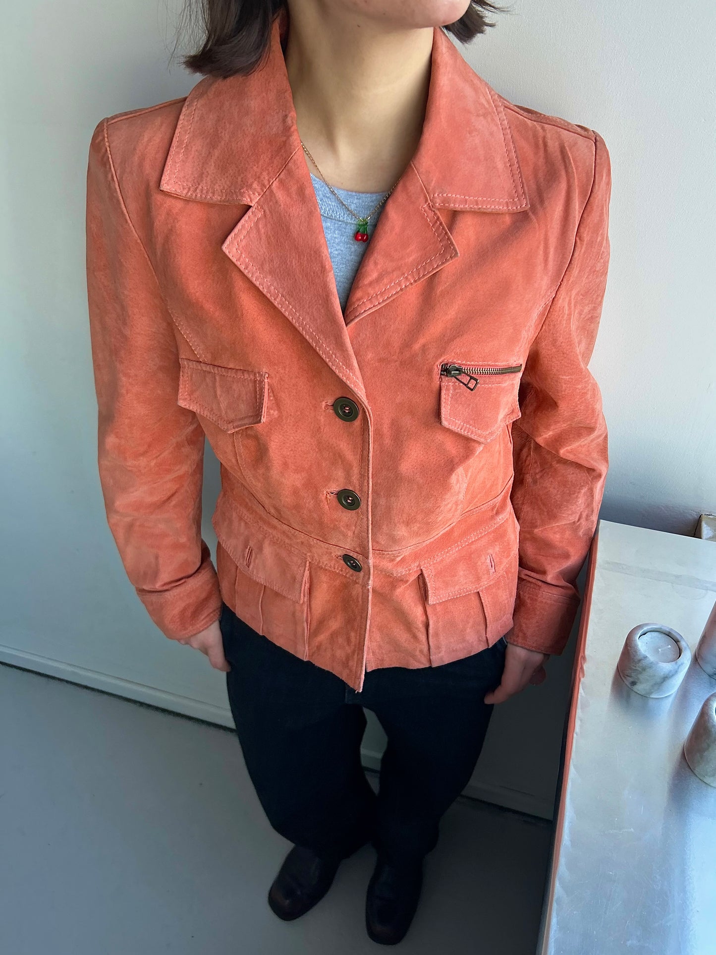 Pastel-Orange Genuine Leather Jacket