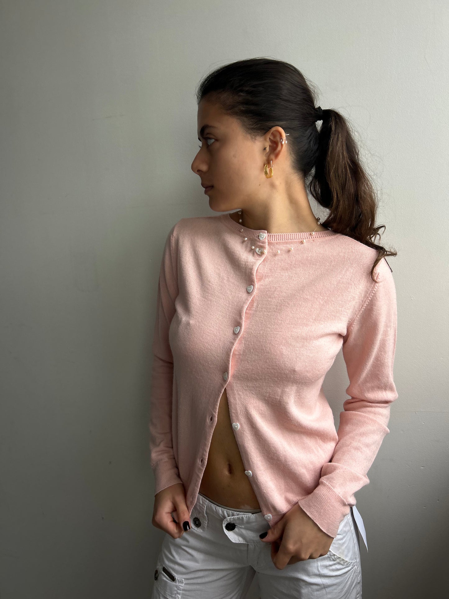 Rosé Knit Cardigan with Sea Shell Buttons