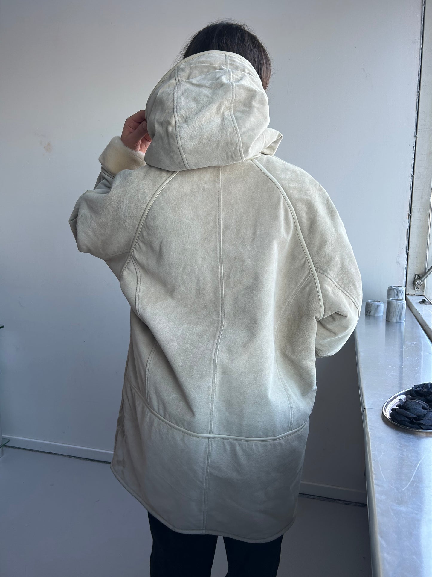 Long Suede Leather Coat with Hood and Fur Lining