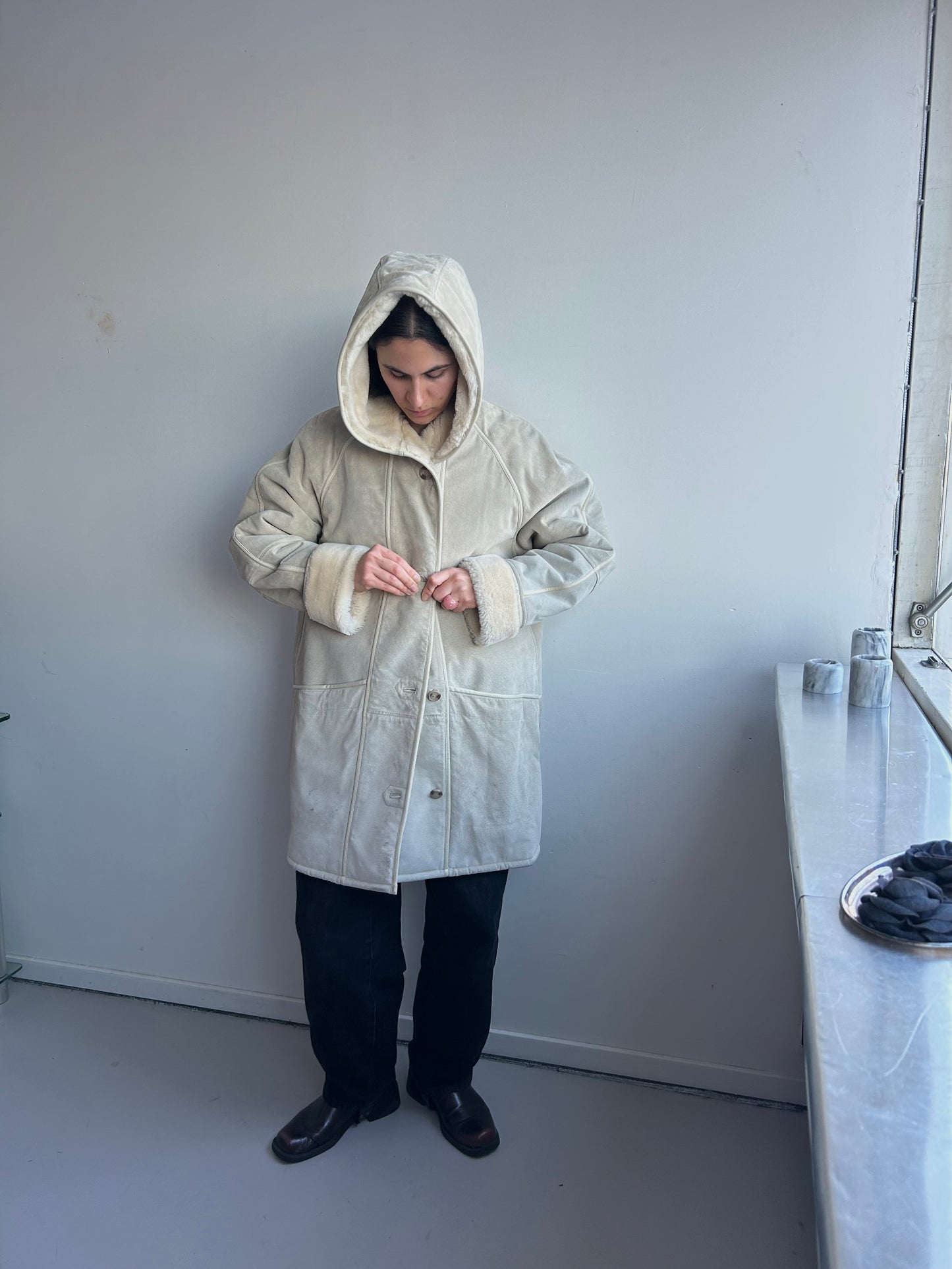 Long Suede Leather Coat with Hood and Fur Lining