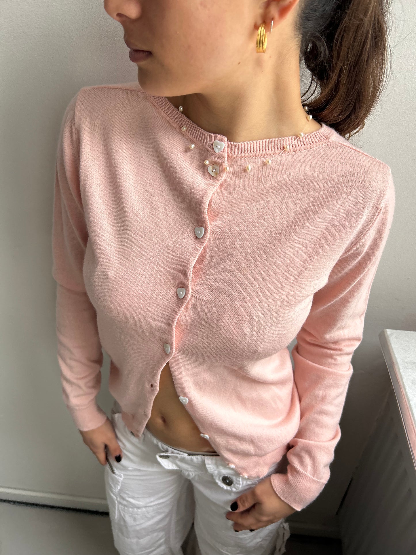 Rosé Knit Cardigan with Sea Shell Buttons
