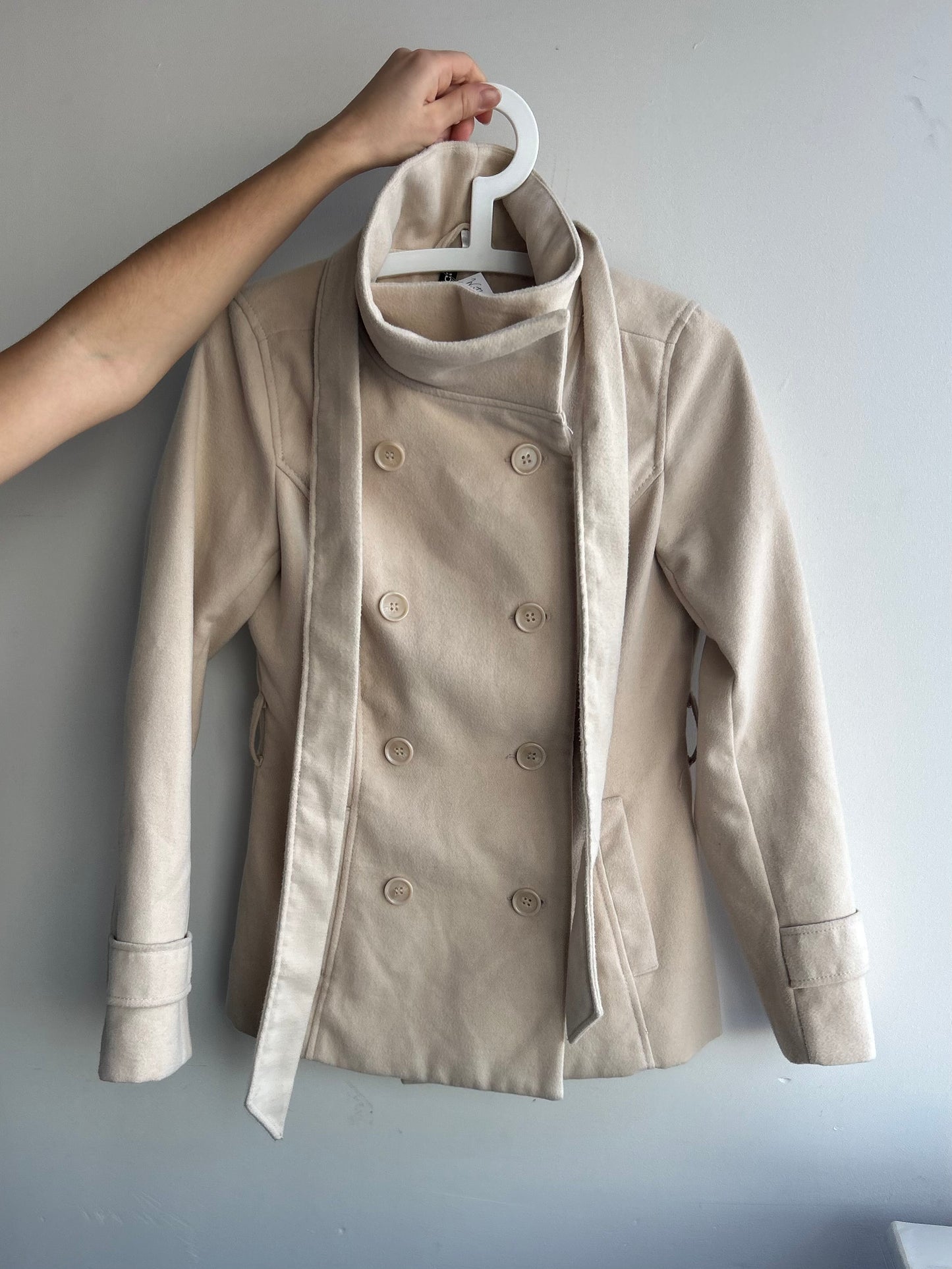 Beige Funnel Neck Wool Blend Jacket