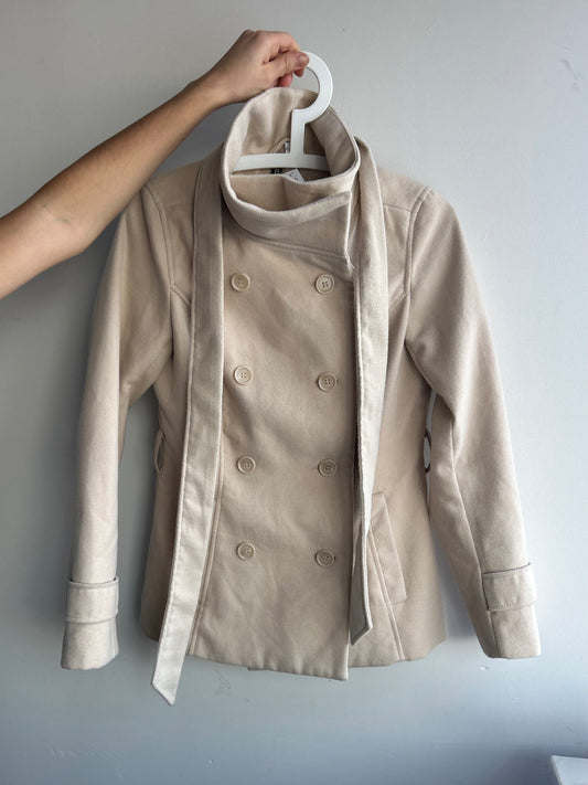 Beige Funnel Neck Wool Blend Jacket