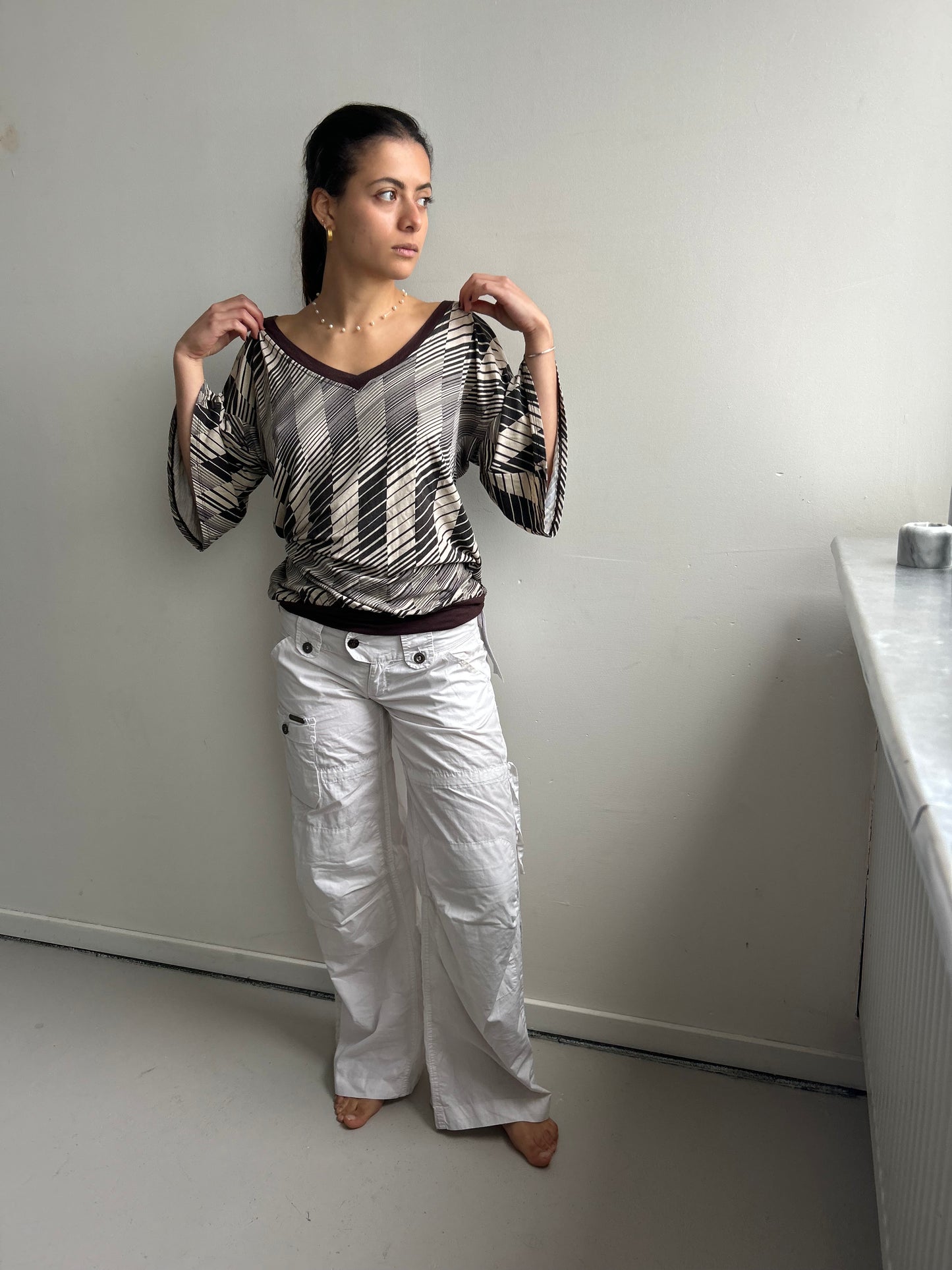 V-Neckline Print Tee with Flowy Sleeves