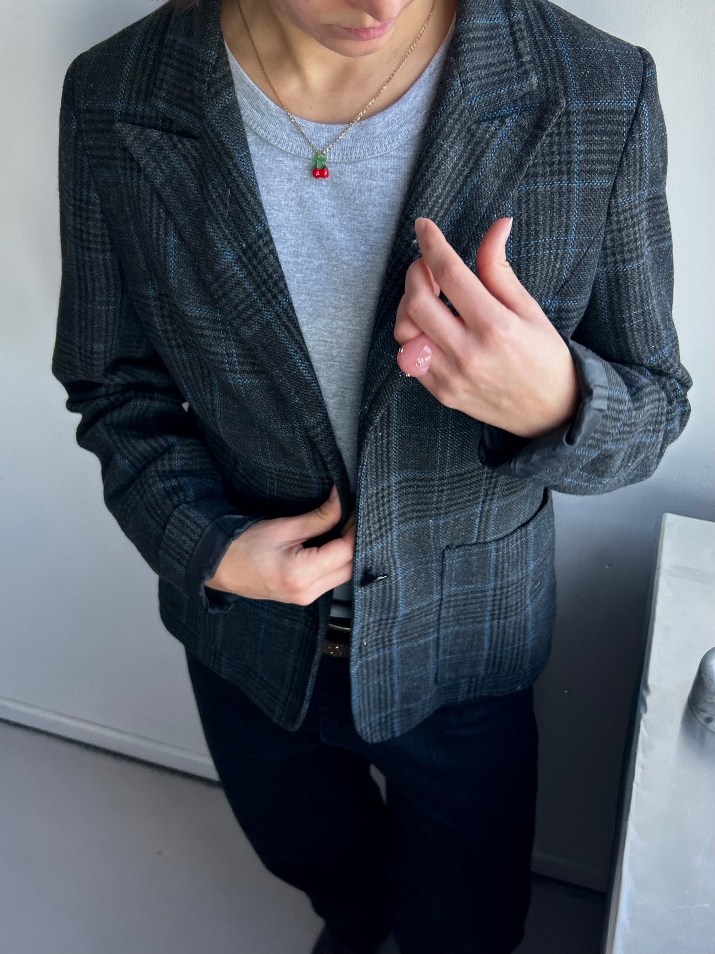 Black-Blue Wool-Blend Blazer