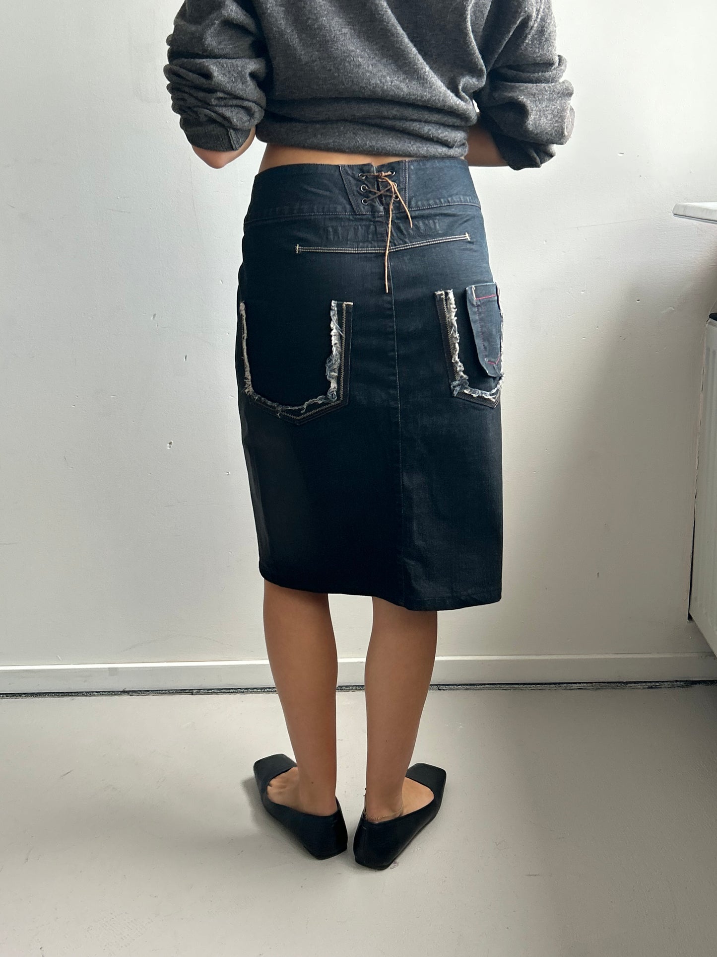 Dark Jeans Midi Skirt with Back Details