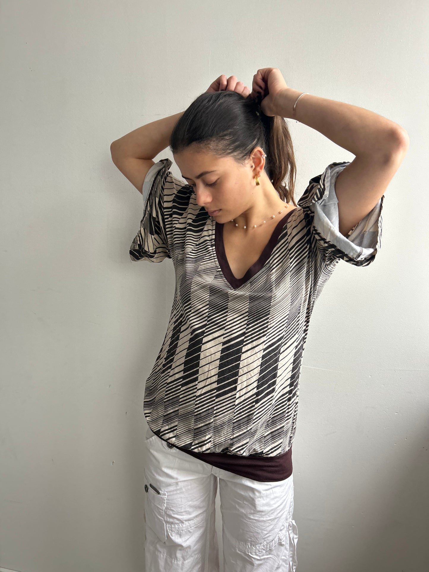 V-Neckline Print Tee with Flowy Sleeves