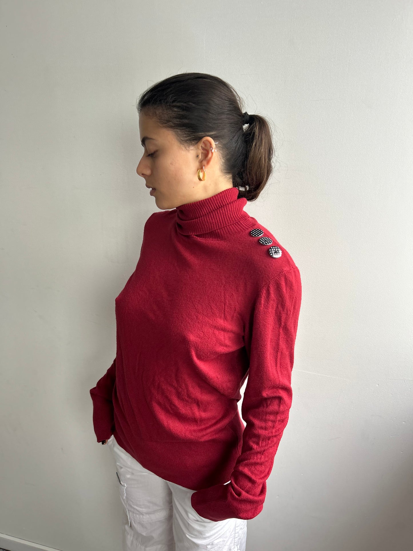 Red Turtleneck with Polka Dot Button Detail