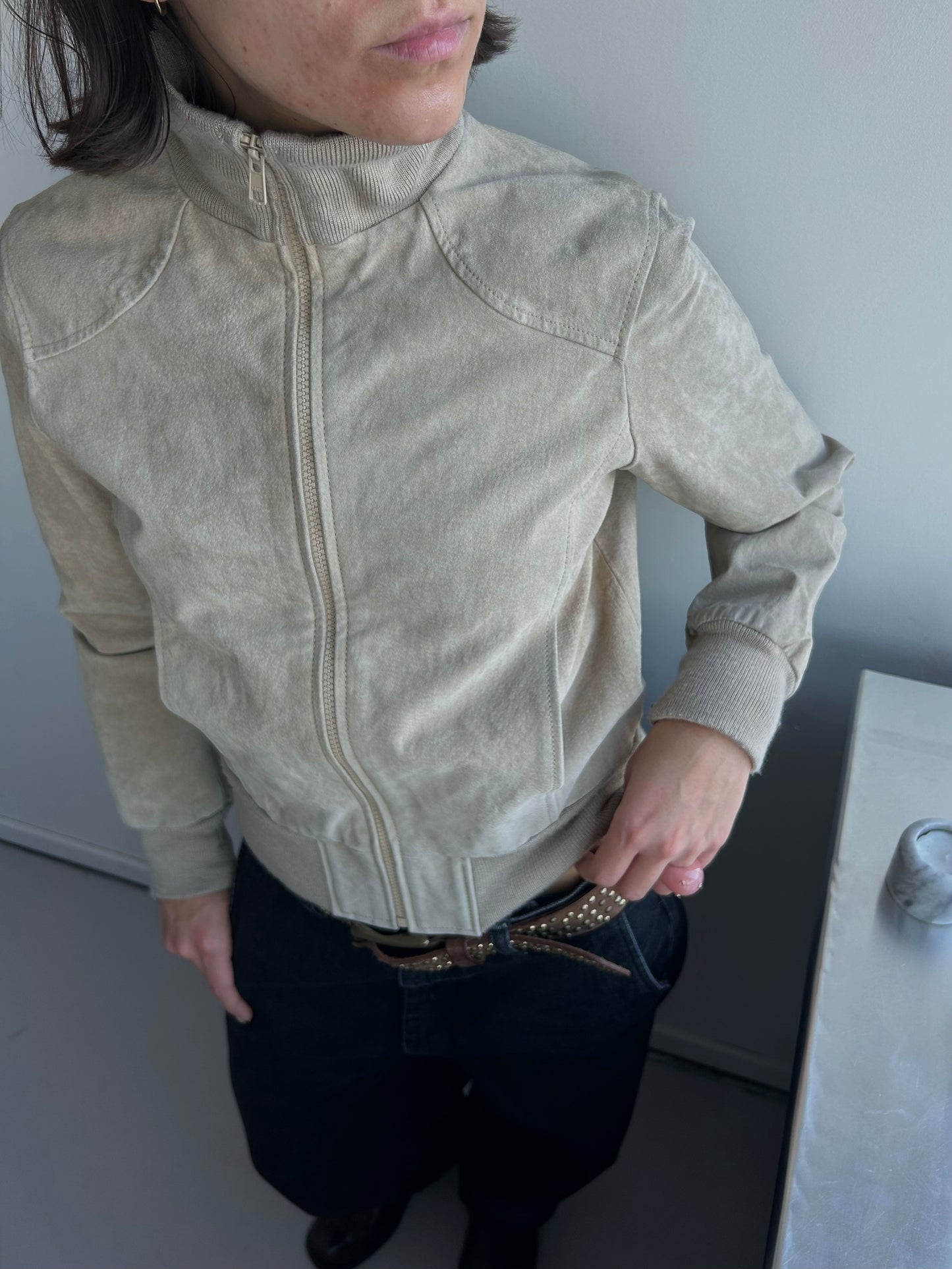 Beige Suede Leather Zipper