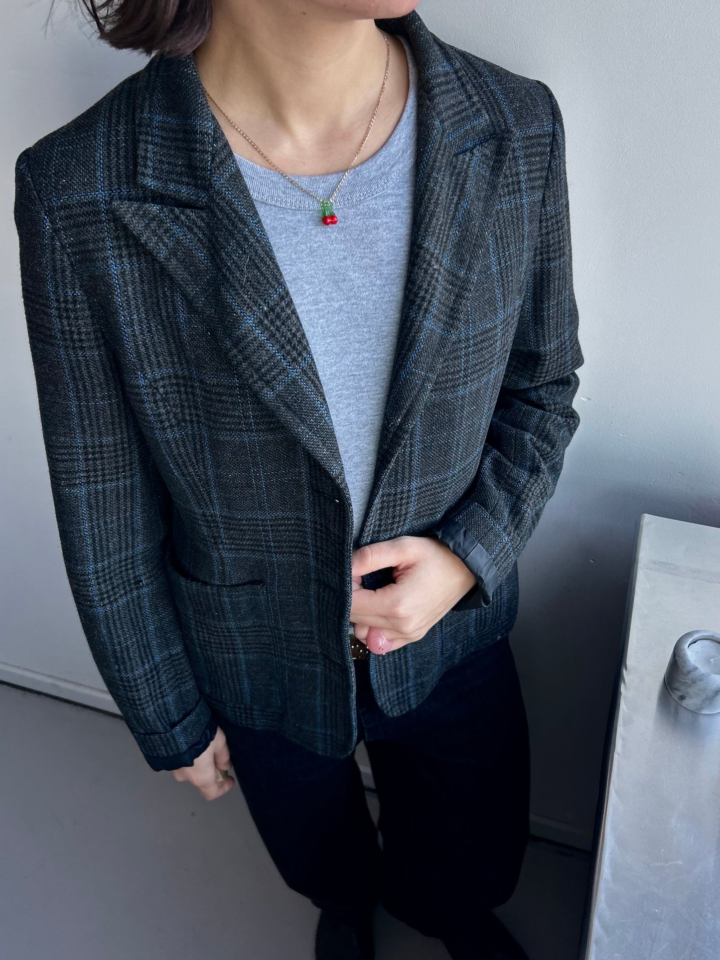 Black-Blue Wool-Blend Blazer