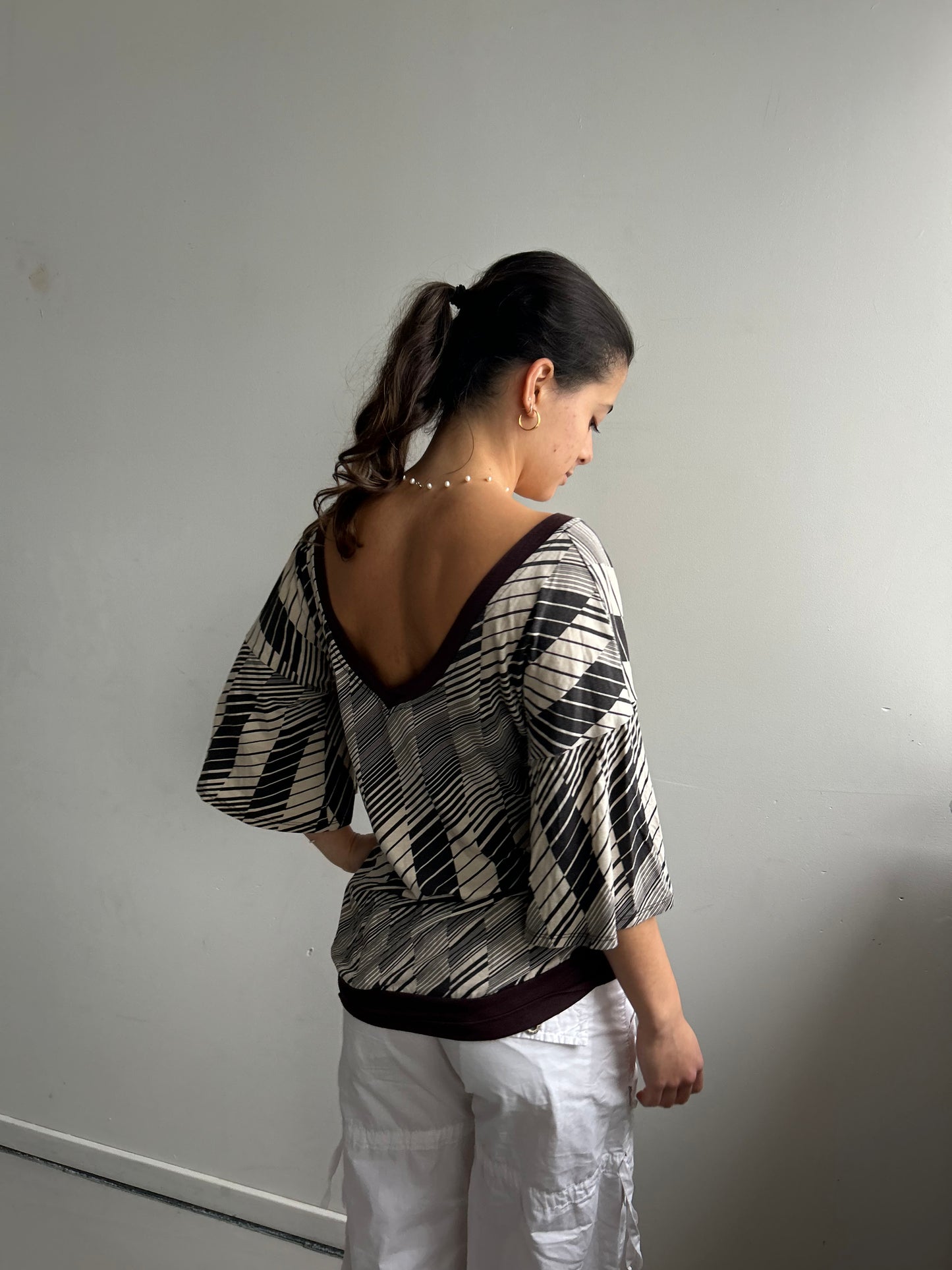 V-Neckline Print Tee with Flowy Sleeves