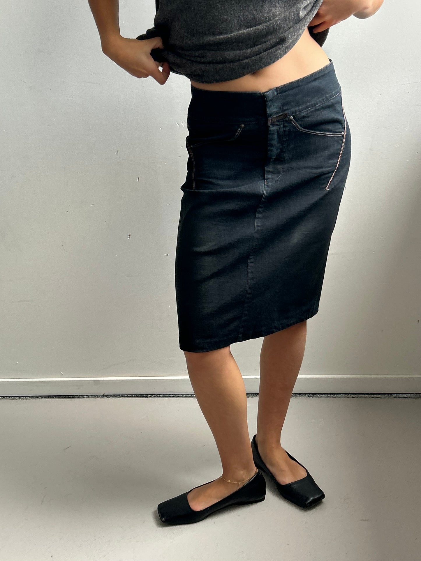 Dark Jeans Midi Skirt with Back Details