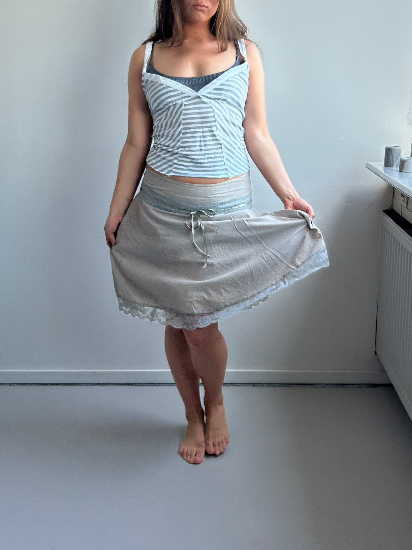 Khaki A-Line Skirt with Lace Trim